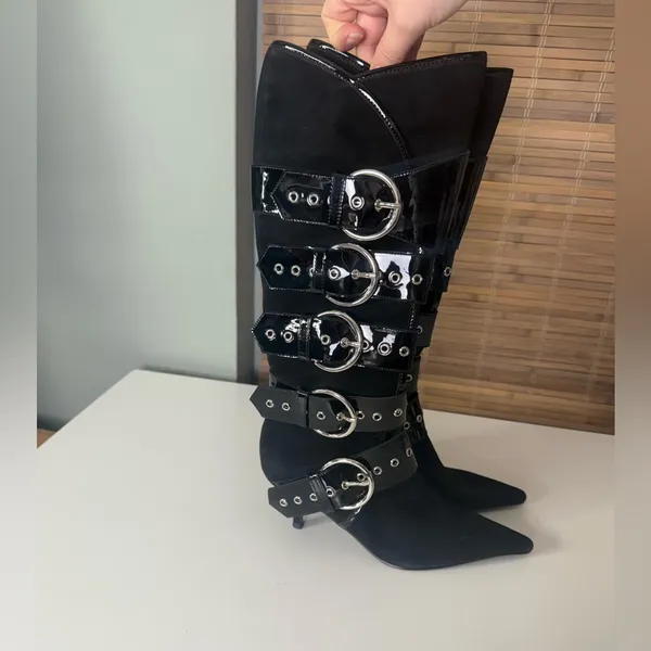 Jeffrey Campbell Seatbelt Black Suede Black Patent Buckle Heel Boots - Image 5