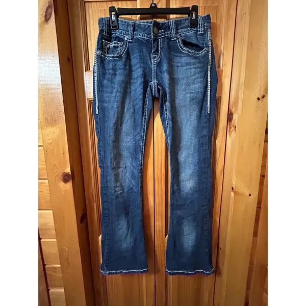 Rock & Roll‎ Cowgirl Riding Jeans Mid Rise Bootcut Dark Wash Thick Stitch 28/32 - Image 2