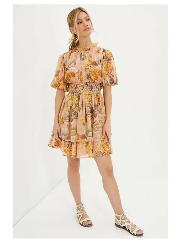 Anthropologie Not So Serious Amaranth Puff Sleeve Floral Tiered Boho Mini Dress - Image 2