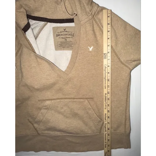 American Eagle V Neck Hoodie Large Tan Heathered Fleece Pullover Boho Y2K Coasta - Image 7