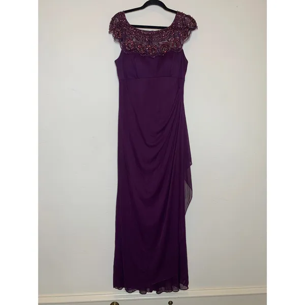 Xscape Purple Eggplant Beaded Bodice Formal Long Dress Gown Sz 14 Ruched Back - Image 6