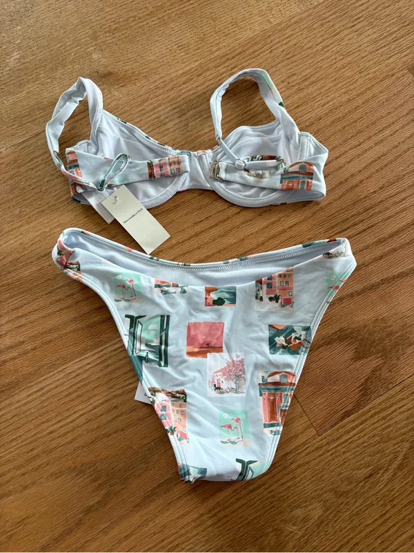 Abercrombie Light Blue & Coral Print Two-Piece Bikini Set - Image 3