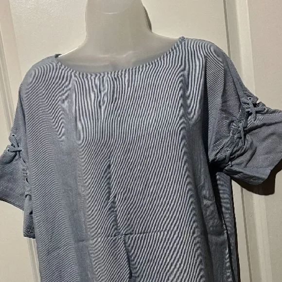 Madewell Blue Cold Shoulder Flutter Sleeve Stripe Laced up Dress coastal chic‎ M - Image 5
