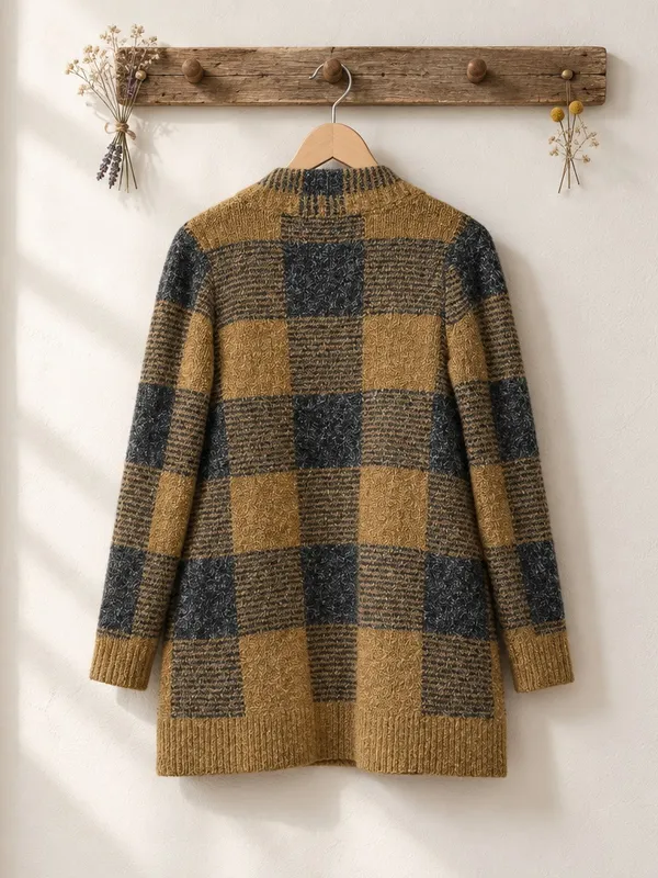 Cyrus Mustard and Charcoal Plaid Open-Front Cardigan - Image 4