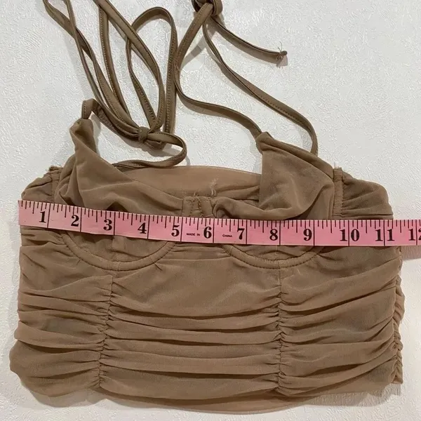 Tic Toc Ruched Mesh Crop Top Small Beige Nude Y2K Going Out Top - Image 5