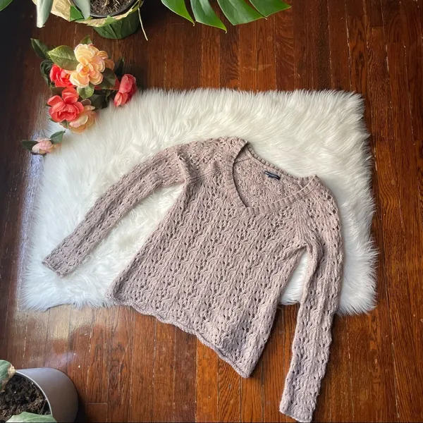 American Eagle Tan V Neck Sweater Open Knit Size Small - Image 2