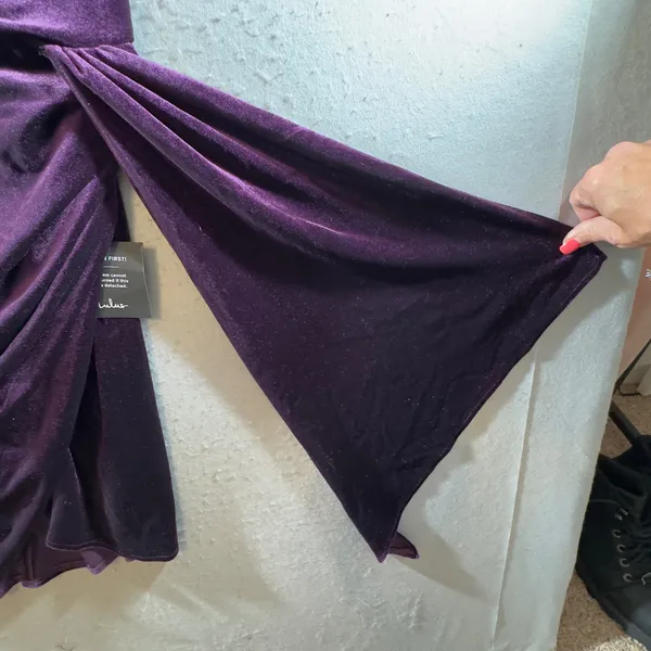 1692 | NWT Lulus Purple Velvet‎ Cowl Neck Ruched Side Drape Mini Dress Womens M - Image 7