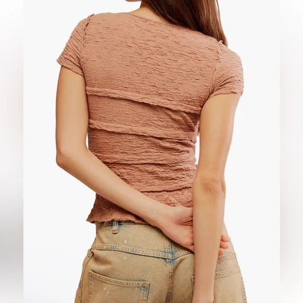 NWT Free People Ribbed Lace Krystal Tuscany Brown Ruffle T Shirt Tee‎ Top Small - Image 5