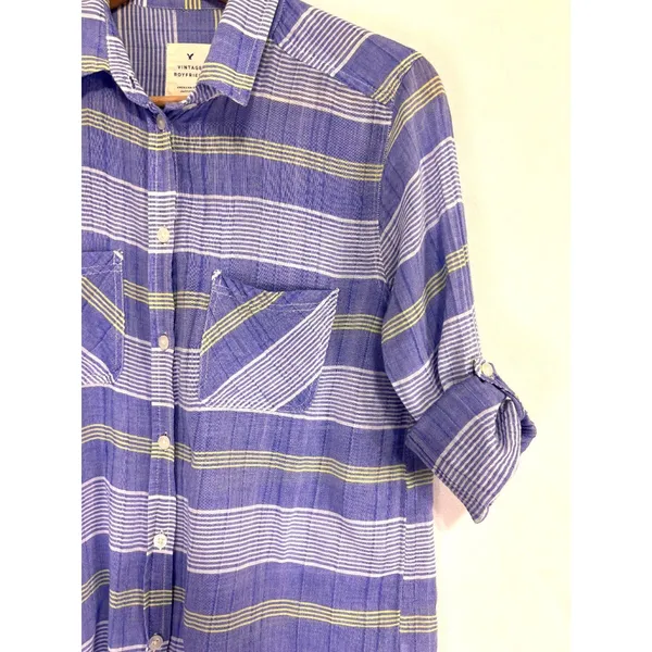 American Eagle‎ Outfitters Womens Vtg Boyfriend Striped Top Sz M Roll-Tab Sleeve - Image 2
