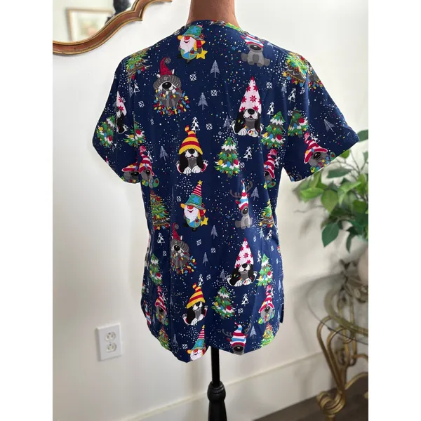 Christmas Scrub Top Gnomes Dogs Holiday Print Women's Medium Nurse Uniform‎ - Image 3