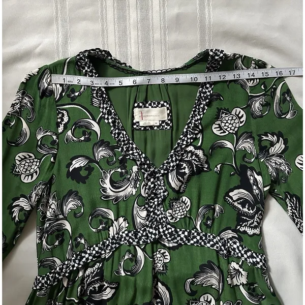 Anthropologie Robin Boho Tiered Ruffled V-Neck Dress Green Motif Size Small - Image 8