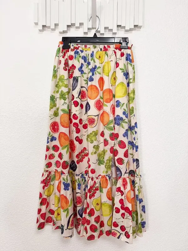 Jacquie the Label Mirabelle White Multi Fruit Print Tiered Midi Skirt - Image 2