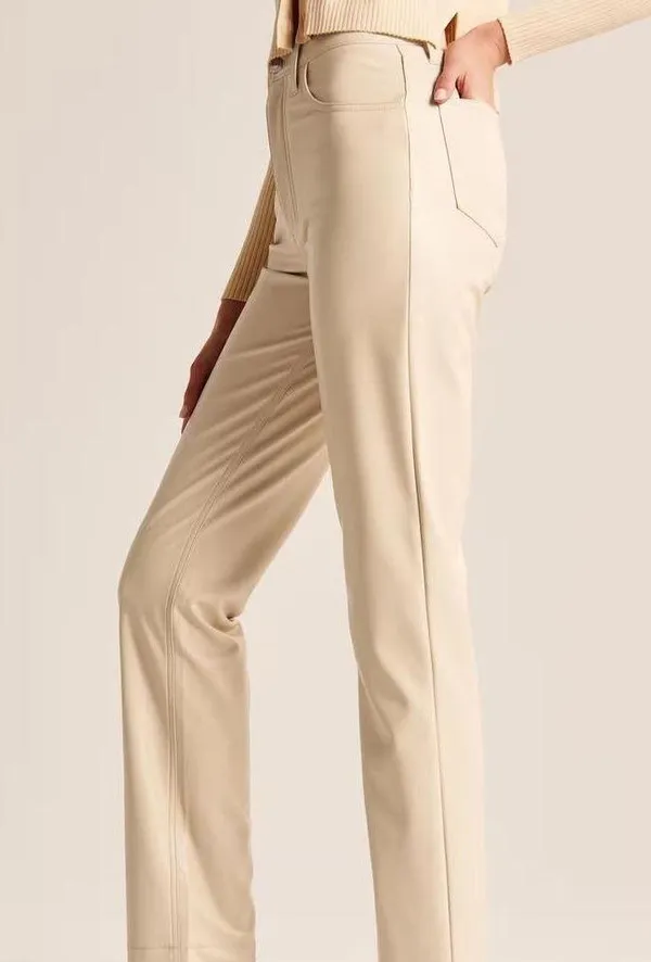Abercrombie Vegan Leather 90s Straight Pant in Cream - Image 5