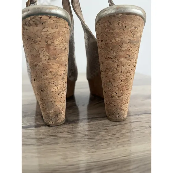 Jimmy Choo Prova Snake Print Silver Metallic Cork Wedges Heels Size 36.5 - Image 9
