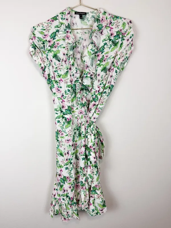 Juicy Couture Allover‎ Floral Wrap Dress Ruffle White Green Pink Size 0 - Image 2