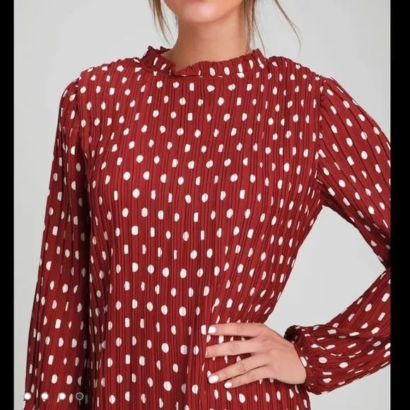 Lulus Pleat to Meet You Wine Red Polka Dot Long Sleeve Shift Dress LARGE‎ - Image 3