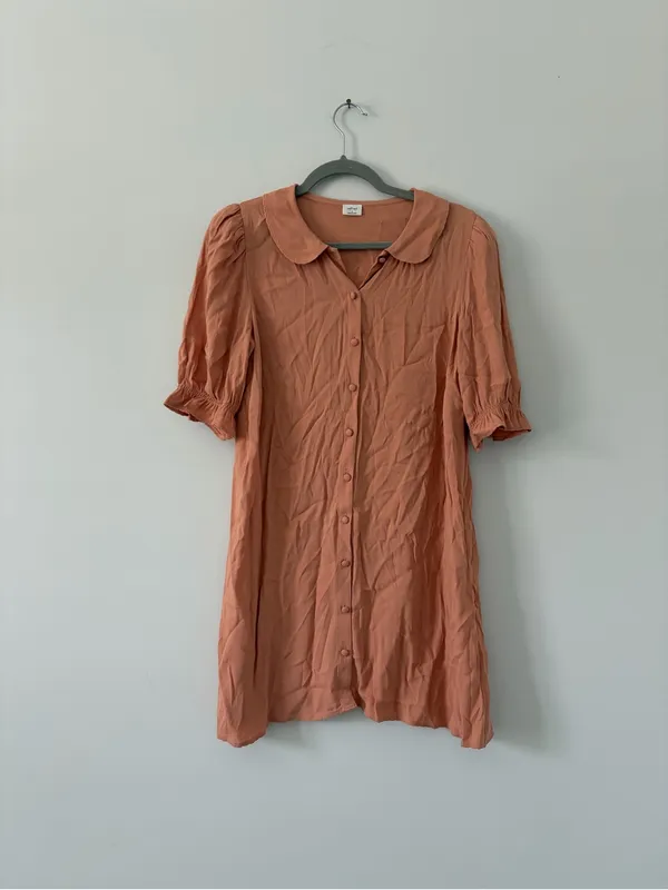 Wilfred Aritzia Poppins Short Puff Sleeve Peachy Pink Button Down Front Dress S - Image 3