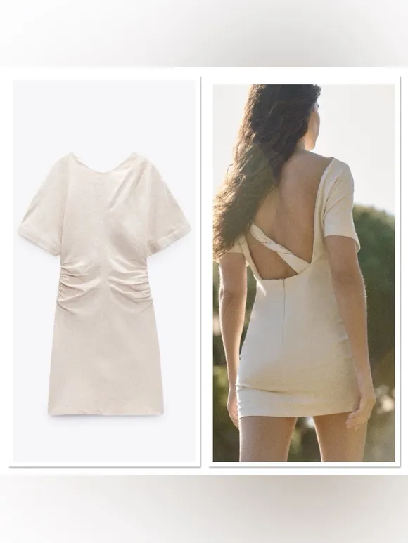 NWT Zara Ruched Open Back Twist Linen Mini Dress XXL - Image 2