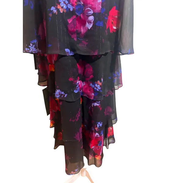SLNY Tiered Chiffon Dress 16 Black Floral New Tie Cowl Neck Ruffle Shimmer - Image 11