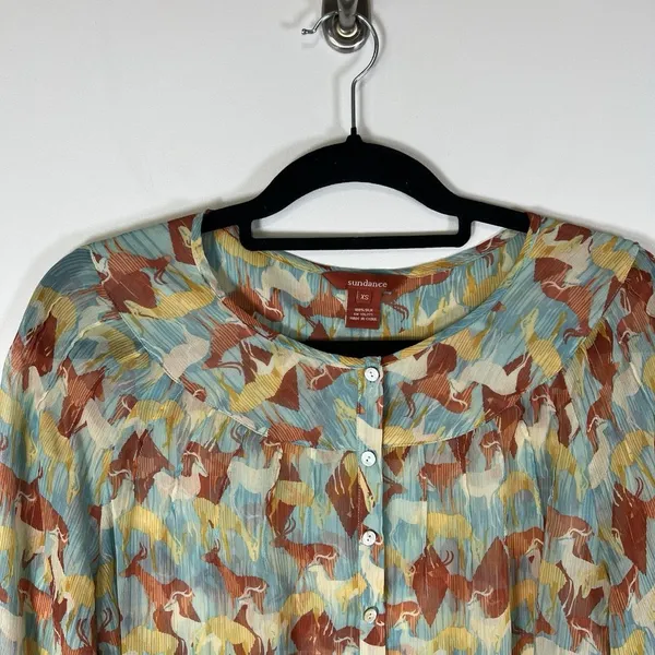 Sundance 100% Silk Deer Print Button Up Blouse Top‎ Blue Size XS Boho Western - Image 3
