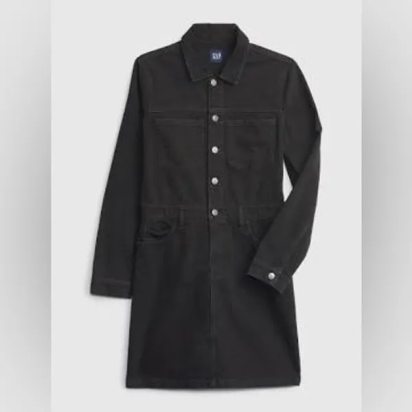 GAP Denim Mini Dress Long Sleeve Pocket in Black Wash‎ Button Front Size 4 - Image 15