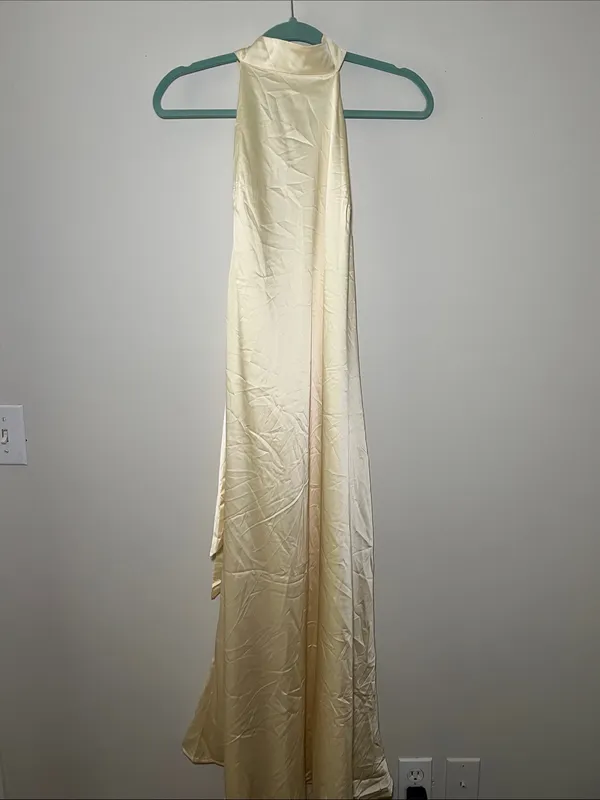 Cider High-Neck Satin Maxi Dress in Pale Butter Yellow - Image 2