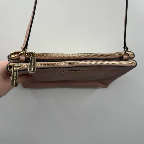 Michael Kors Trisha Medium Pebbled‎ Leather Pink Cream Logo Print Crossbody Bag - Image 7