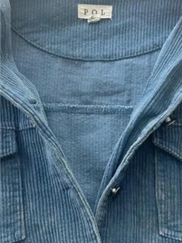 POL Clothing Blue Distressed Frayed Hem Corduroy Trucker Jacket M EUC - Image 4