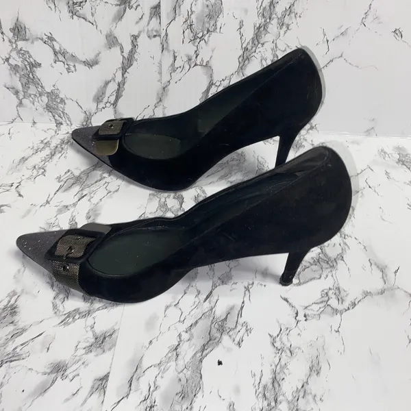 Stuart Weitzman Barrington Black Purple Glitter Buckle Heels Women's Size 9 - Image 10
