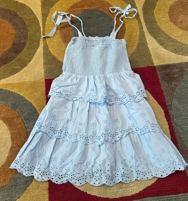 American Eagle Light Blue Eyelet Ruffle Smocked Tie Sleeve Mini Dress Medium - Image 4