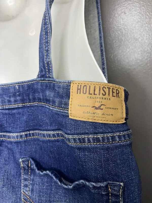 Hollister Denim Overall Dress Womens Medium Blue Skirtall Distressed Pockets - Image 6