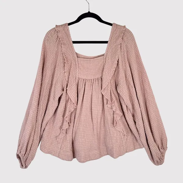 Free People Womens Top Pink Bonnie Ruffle Plaid Babydoll Blouse Stretch Boho XS - Image 3