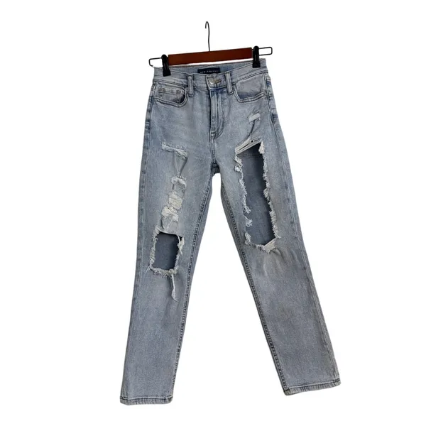 AERO Aeropostale Destroyed Stretch Blue Denim Straight Mom Jeans Size 000 - Image 2