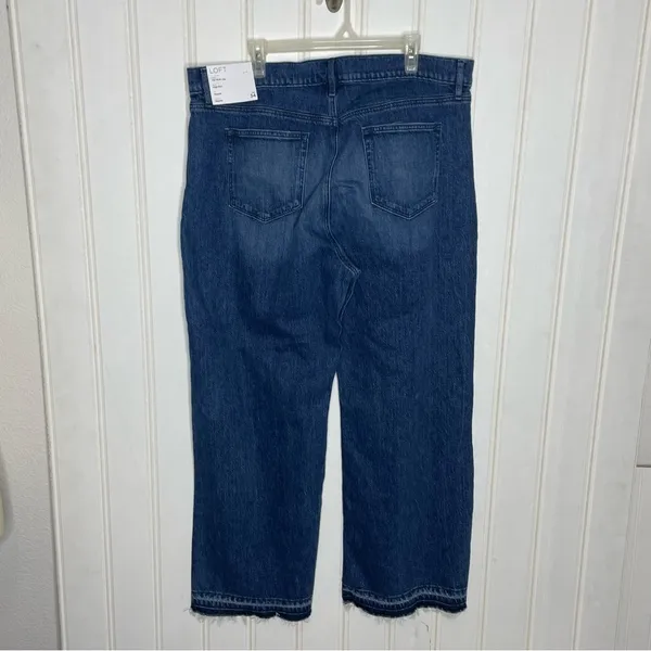 NWT LOFT Frayed High Rise Wide Leg Jeans Dark Indigo Wash Sz 34 - Image 6