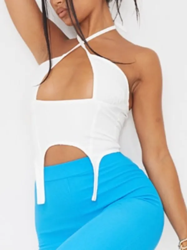 NEW NWT PRETTYLITTLETHING Woven Cross Front Cutout Stirrup Hem Top Cream Ivory 8 - Image 6
