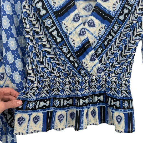 NWT Free People Rosalie Blouse Top‎ Indigo Combo Smocked Bell Sleeve Size Small - Image 8