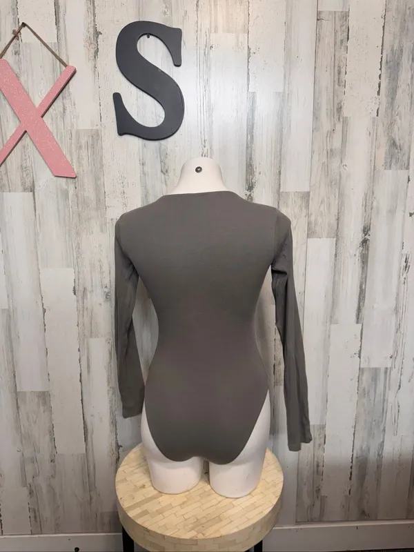 Primark Ribbed Henley Long Sleeve Bodysuit Womens XS Charcoal Grey Cotton Stretc - Image 5