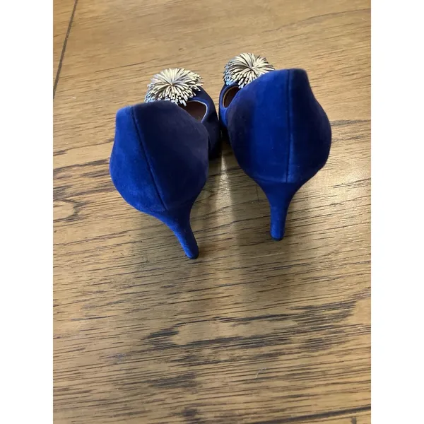 Anthropology Lien Do Blue Suede Pointed Toe Stiletto Pump Pom Pom Slip On US 7 - Image 5