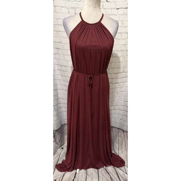 NWT David’s Bridal Soft Mesh Halter Bridesmaid Dress with Slim Sash Wine Maxi 8 - Image 2