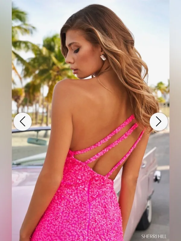 Sherri Hill 54330 Neon Pink Sequin One Shoulder Gown High Slit Women's Dress - Image 3