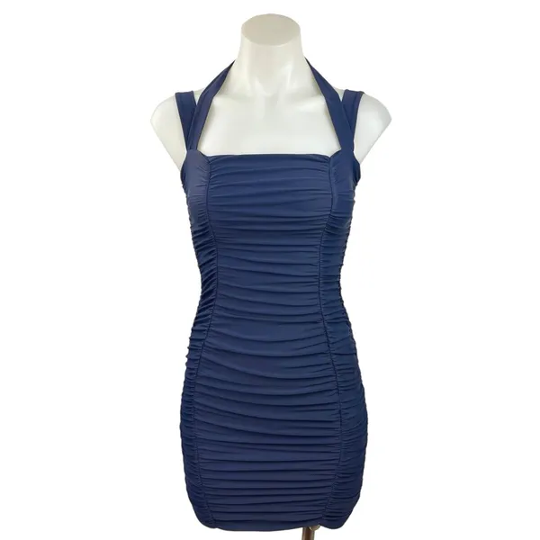 Tiger Mist Tilly Navy Blue Square Neck Ruched Fitted Mini Bodycon Dress Size XS - Image 4