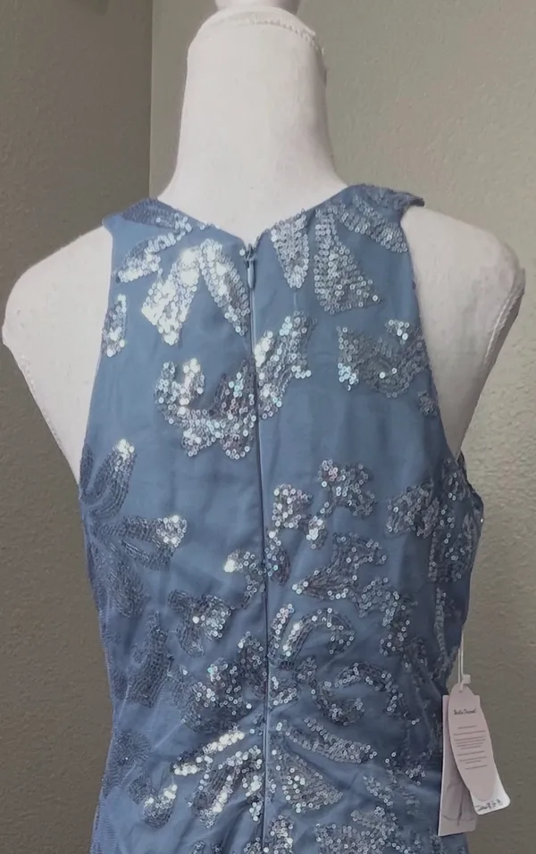 Boutique #3-8 Dusty Blue Sequin High Halter Neckline Sleeveless Column Gown. - Image 7