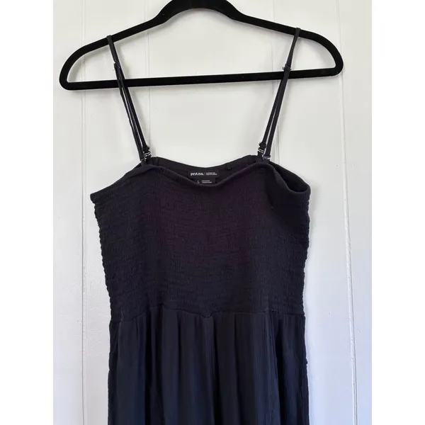 Prana Womens Black Smocked Gauze Jumpsuit Adjustable Straps L Lagenlook Boho - Image 3