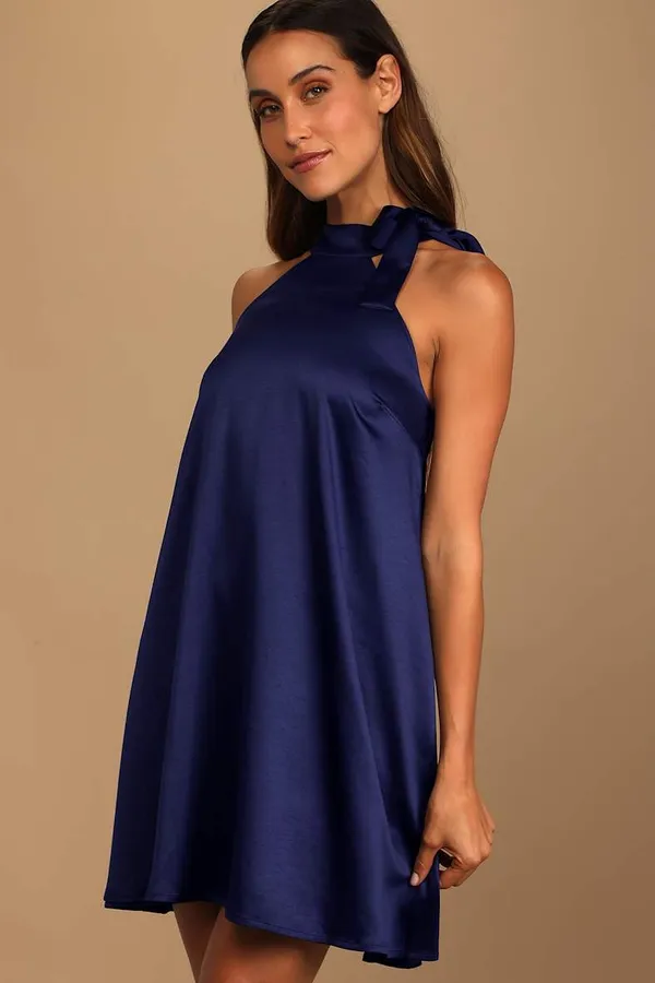 New Lulus Headed Out Tonight Navy Blue Satin Halter Swing Dress Medium MSRP $58 - Image 2