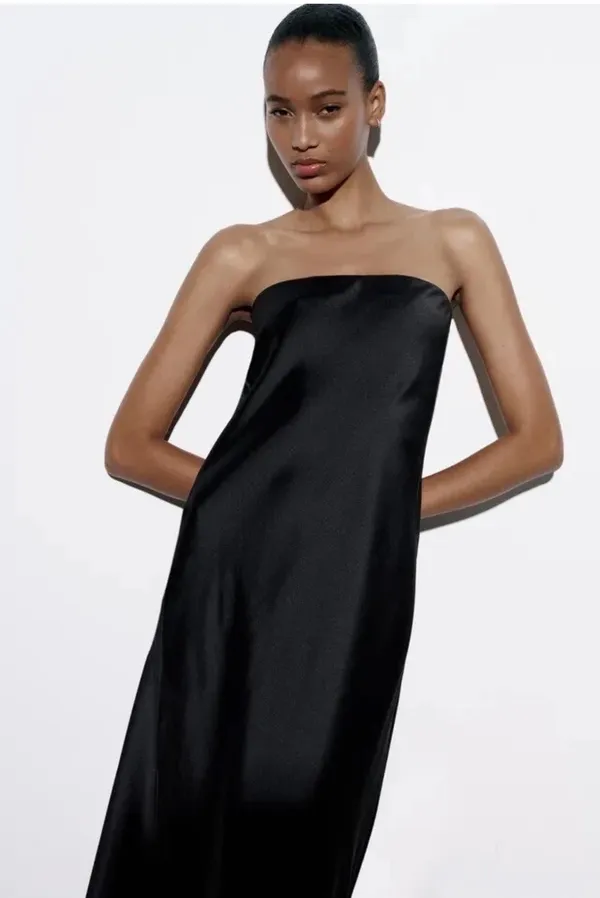 Zara Elegant Black Strapless Satin Midi Evening Dress - Image 4