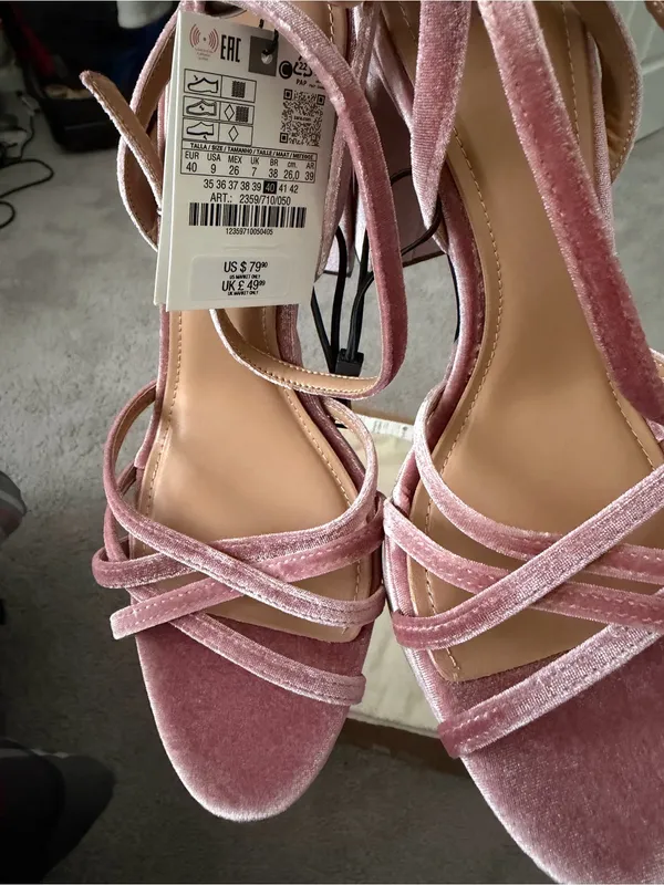 Zara Pink Velvet Platform Block Heel Sandals - Image 9