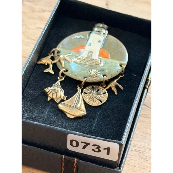 Lighthouse-Themed Enamel Brooch With Nautical Charms & Gold Accents Measures App - Image 5