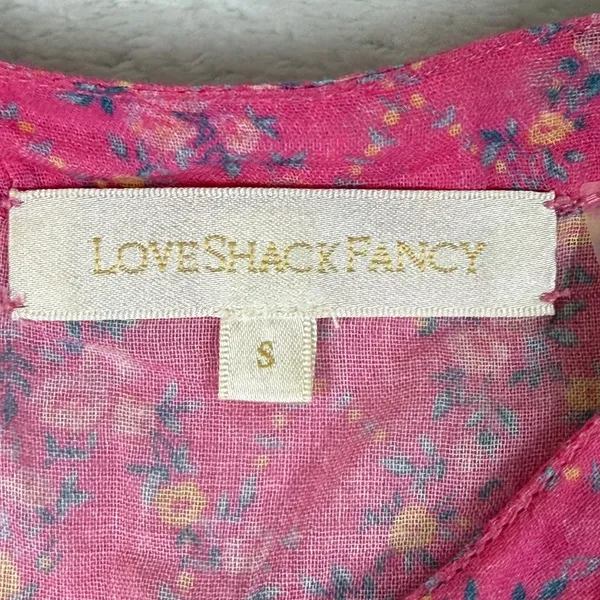 LoveShackFancy Pink Floral Cotton Tie Neck Tassel Peasant Blouse Small - Image 2