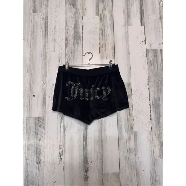 Juicy Couture Black Velour Sleep Shorts Rhinestone Logo Lounge Shorts Size M - Image 2
