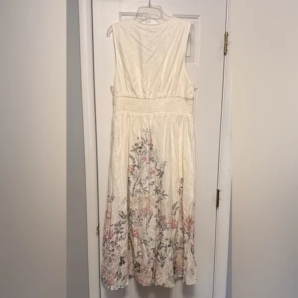 Joie Linen Blend Midi Dress L Ivory Floral Coastal Resort Summer Linen Blend‎ - Image 4